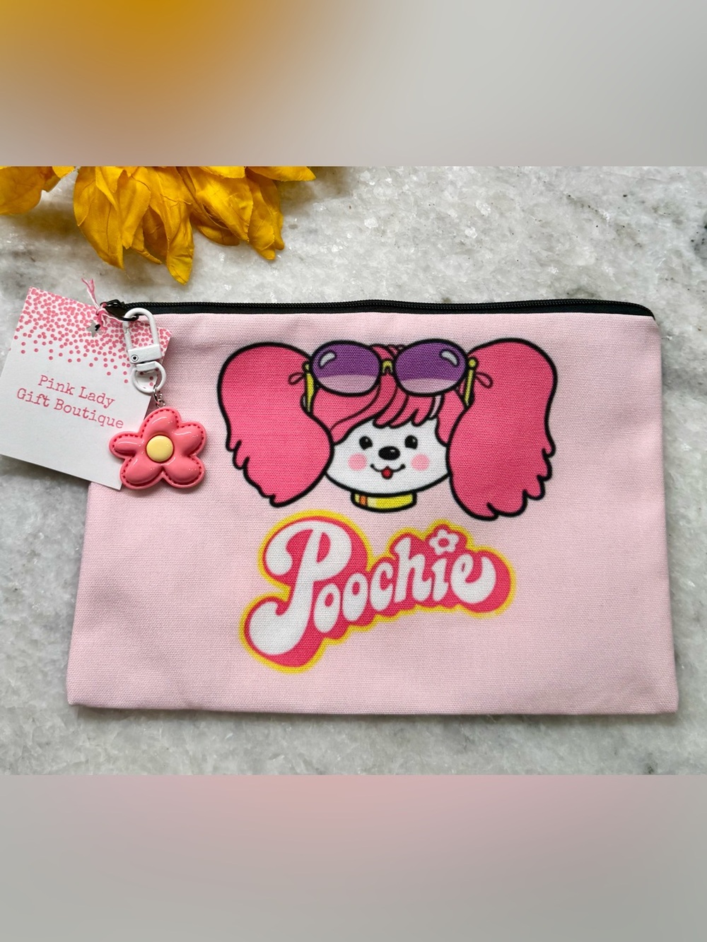 New Retro 80s Style Poochie Dog Makeup Tech Pencil Bag w/ Flower Charm 8.5” x 6”